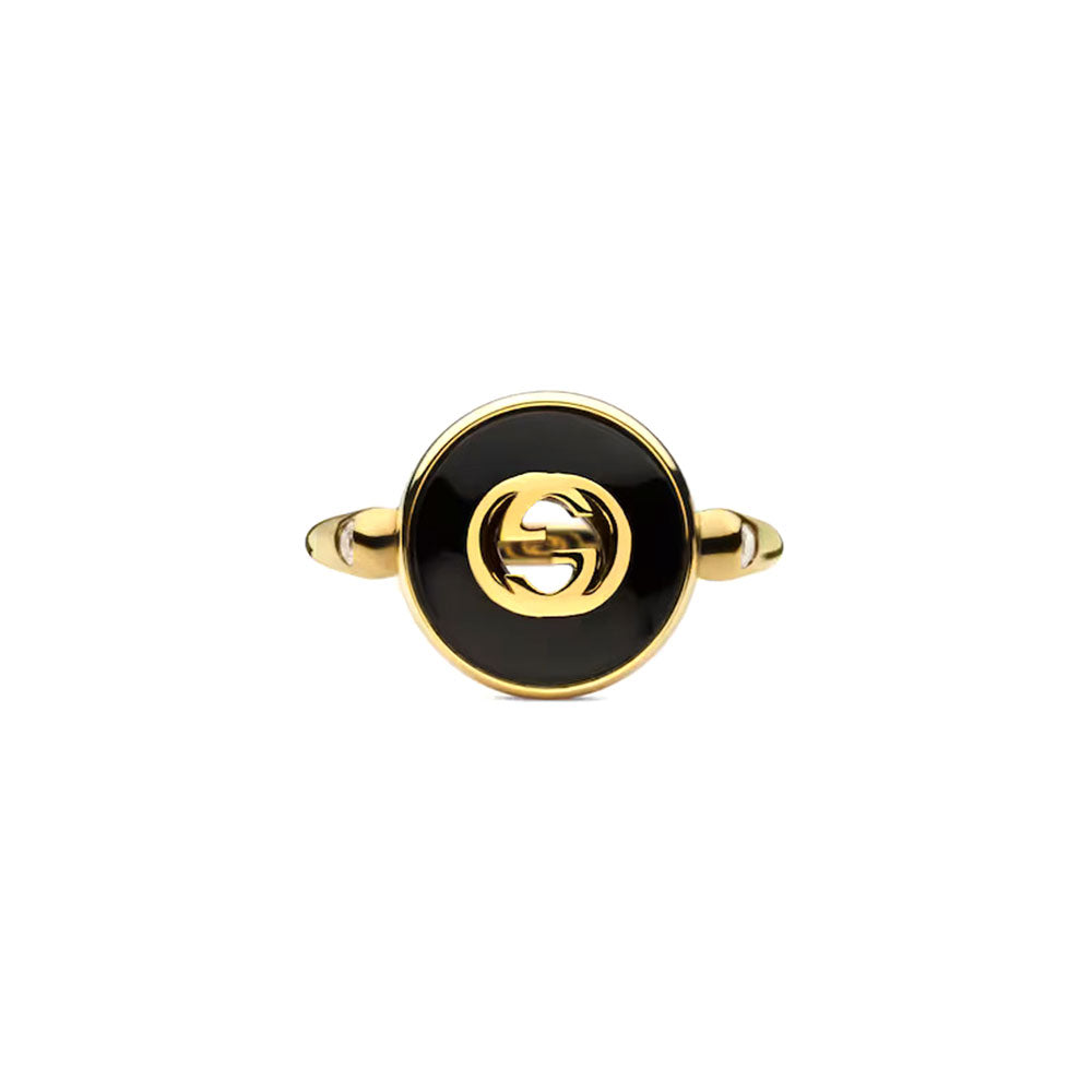 Interlocking G Yellow Gold Ring with Black Onyx and Diamonds