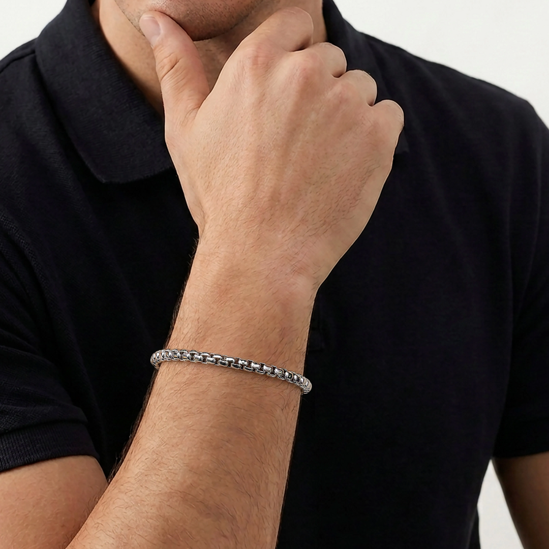 5mm Silver Men's Solid Round Box Chain Bracelet