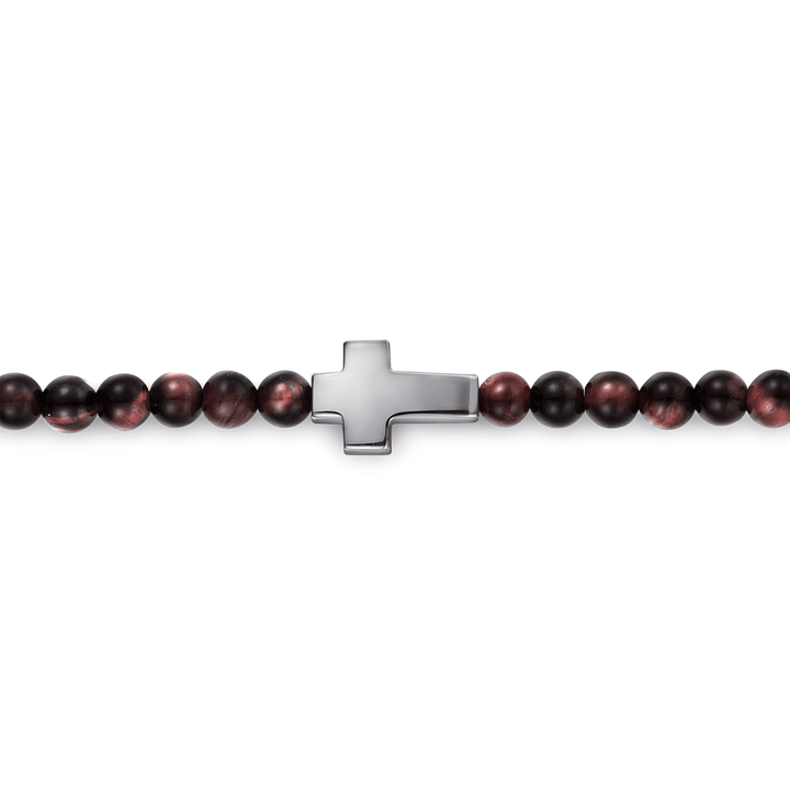 Silver Cross Bracelet with Tiger Eye Beads