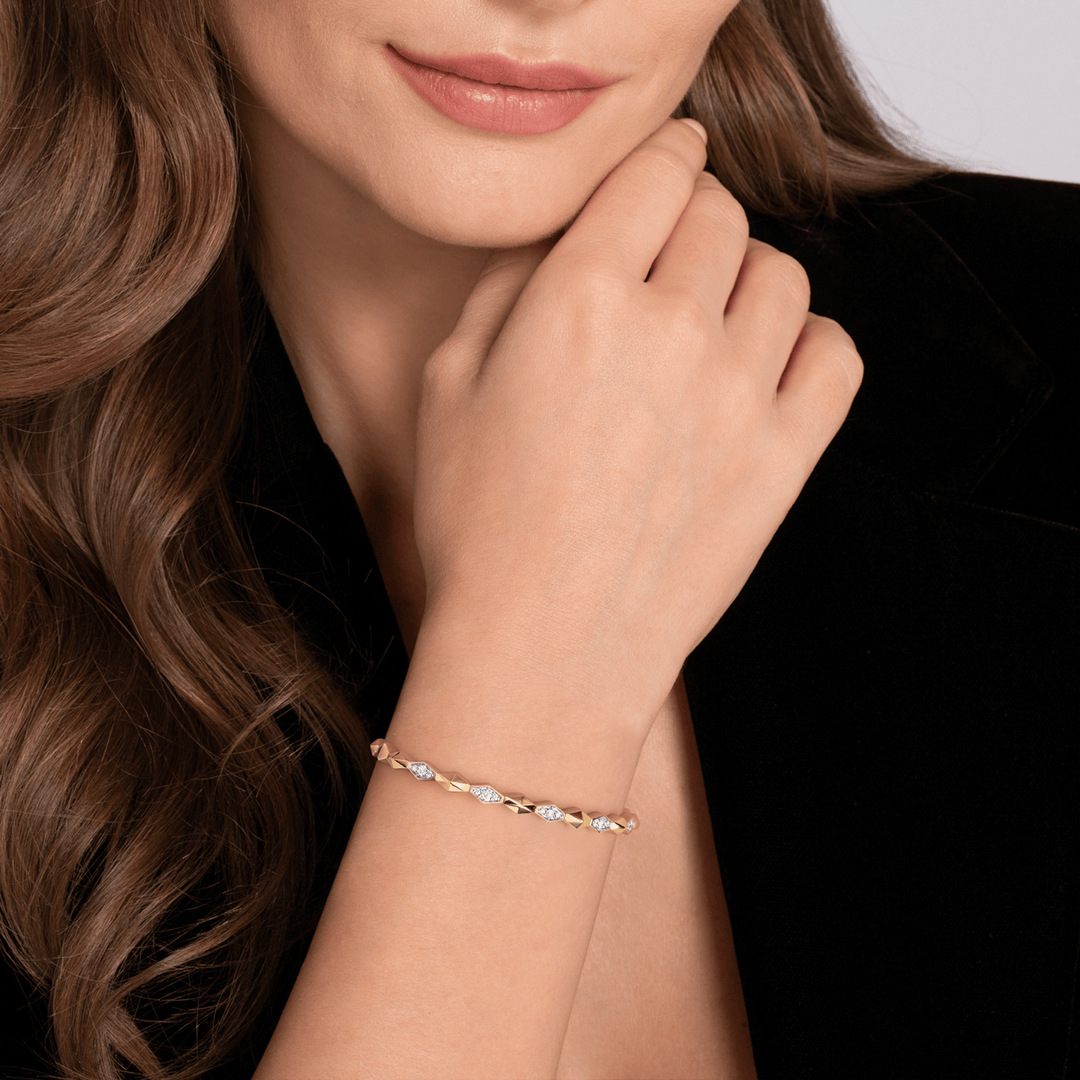 14K Yellow Gold Rhombus Diamond Cuff Bangle Bracelet
