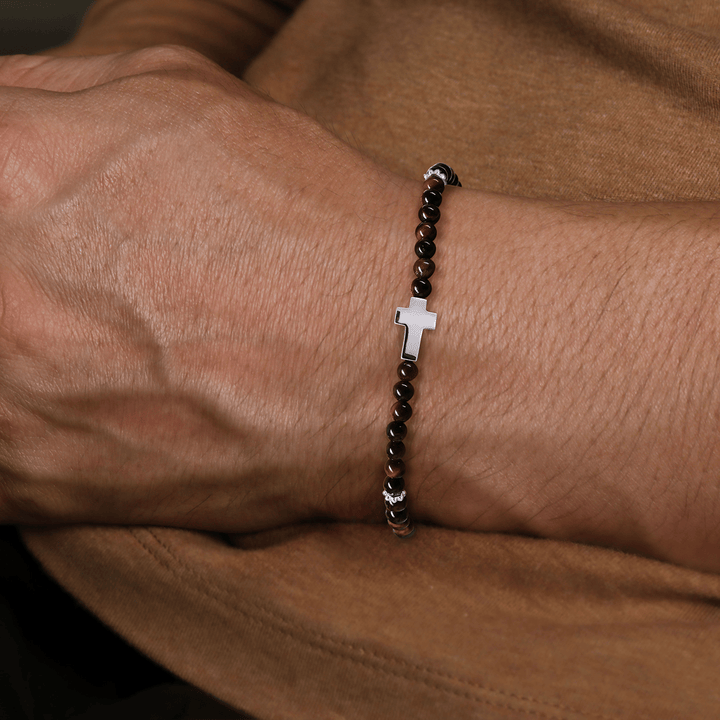 Silver Cross Bracelet with Tiger Eye Beads