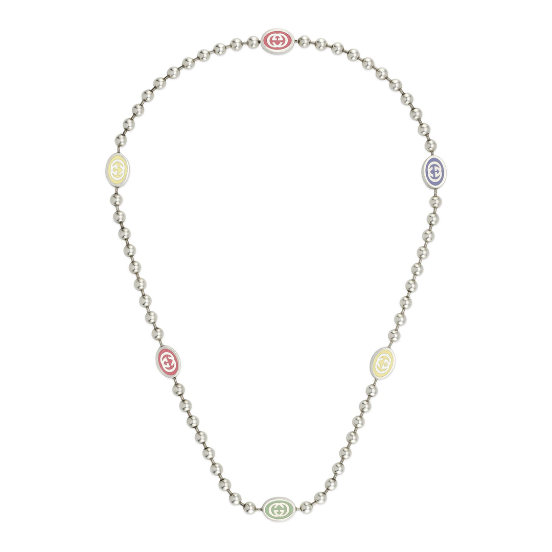 YBB75344800200|GUCCI |BOULE |Silver Necklace with Multi Color Enamel Logos (50cm)