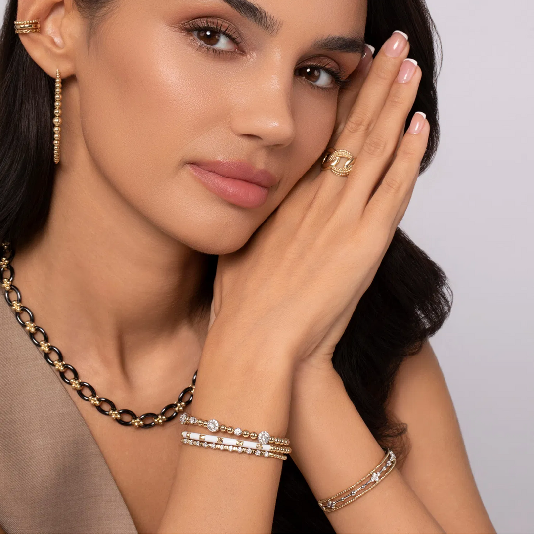 White and Yellow Gold Beaded Diamond Cuff Bangle Bracelet