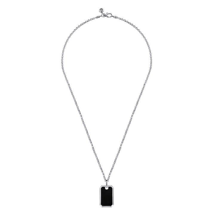 Silver Onyx Dog Tag Pendant Necklace