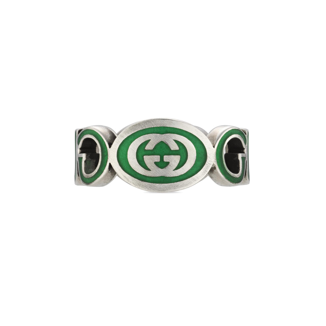 YBC753640001013|GUCCI |INTERLOCKING G |9mm Ring Silver Green Enamel Gucci