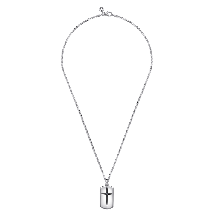 Silver Cross Dog Tag Pendant Necklace