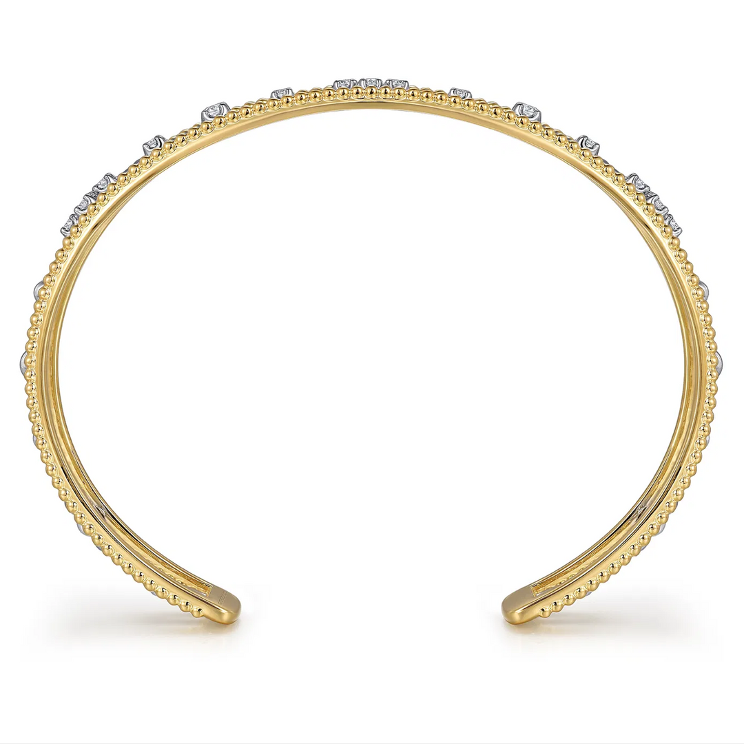 White and Yellow Gold Beaded Diamond Cuff Bangle Bracelet