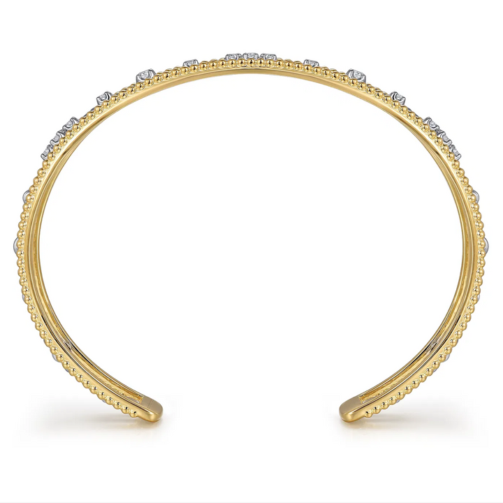 White and Yellow Gold Beaded Diamond Cuff Bangle Bracelet