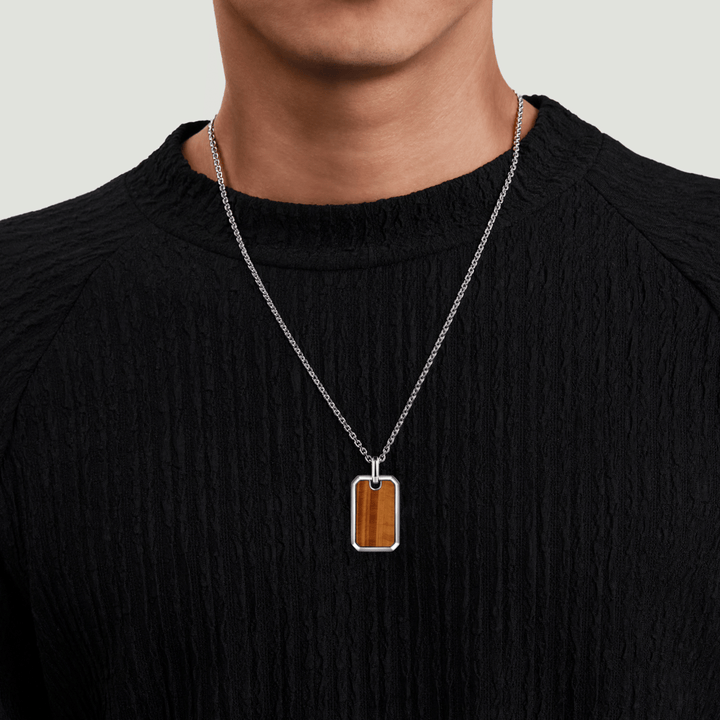 Silver Yellow Tiger Eye Dog Tag Pendant Necklace