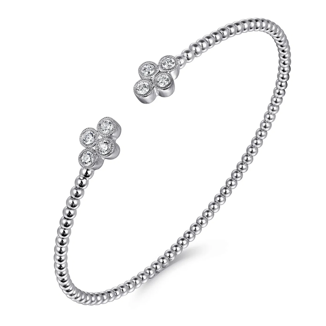 White Gold Bead Split Cuff Bracelet with Quatrefoil Diamond Endcaps