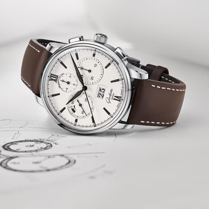 Senator Chronograph Panorama Date Watch, Brown Strap 42MM