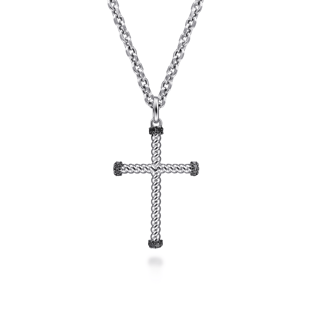 Silver Black Spinel Twisted Rope Cross Pendant Necklace