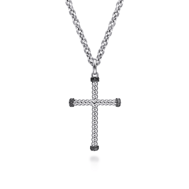 Silver Black Spinel Twisted Rope Cross Pendant Necklace