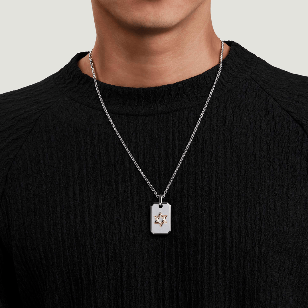 Silver and Yellow Gold Dog Tag with Star of David Pendant Necklace