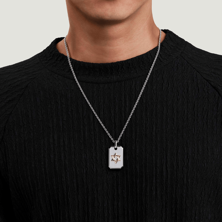 Silver and Yellow Gold Dog Tag with Star of David Pendant Necklace
