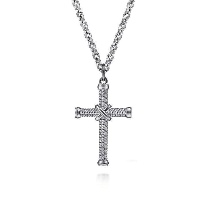 Silver Twisted Rope Cross Pendant with X Center
