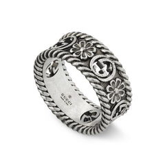 YBC577263001013|GUCCI |INTERLOCKING G |Ring 8.5MM Flowers Aged Silver - size 6.5