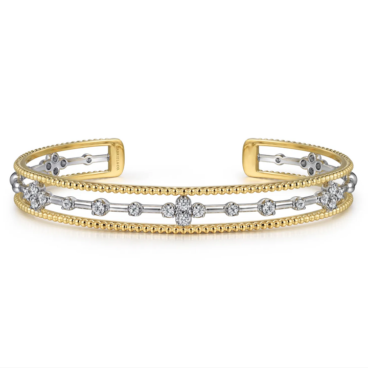 White and Yellow Gold Beaded Diamond Cuff Bangle Bracelet