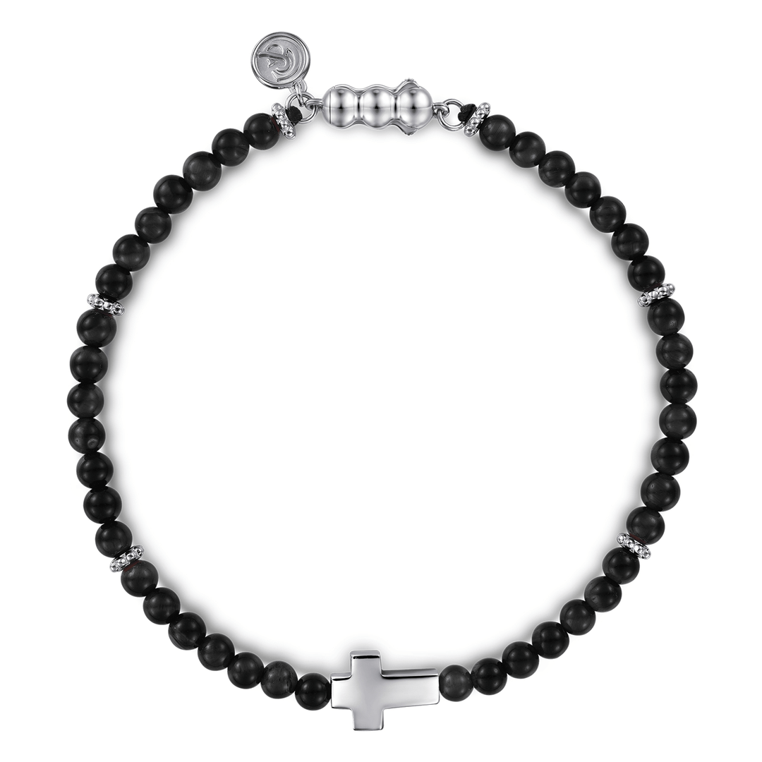 Silver Onyx Beads Cross Bracelet