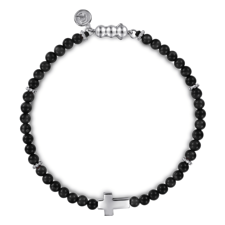 Silver Onyx Beads Cross Bracelet